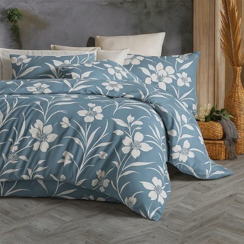 Ga trải giường vải thun ý xanh dương hoa trắng