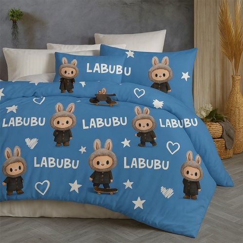 Ga trải giường vải thun ý xanh dương labubu